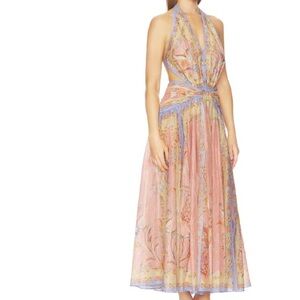 zimmermann ascension cotton halter maxi dress Zimmermann Ascension Plunge Halter Maxi Dress Blue/Cream Indienne Floral   Size 0P* (fits 4-6) RRP $1100 HIRE $180 including cleaning & GST *P =  Petite. 0P is designed to cater for petite